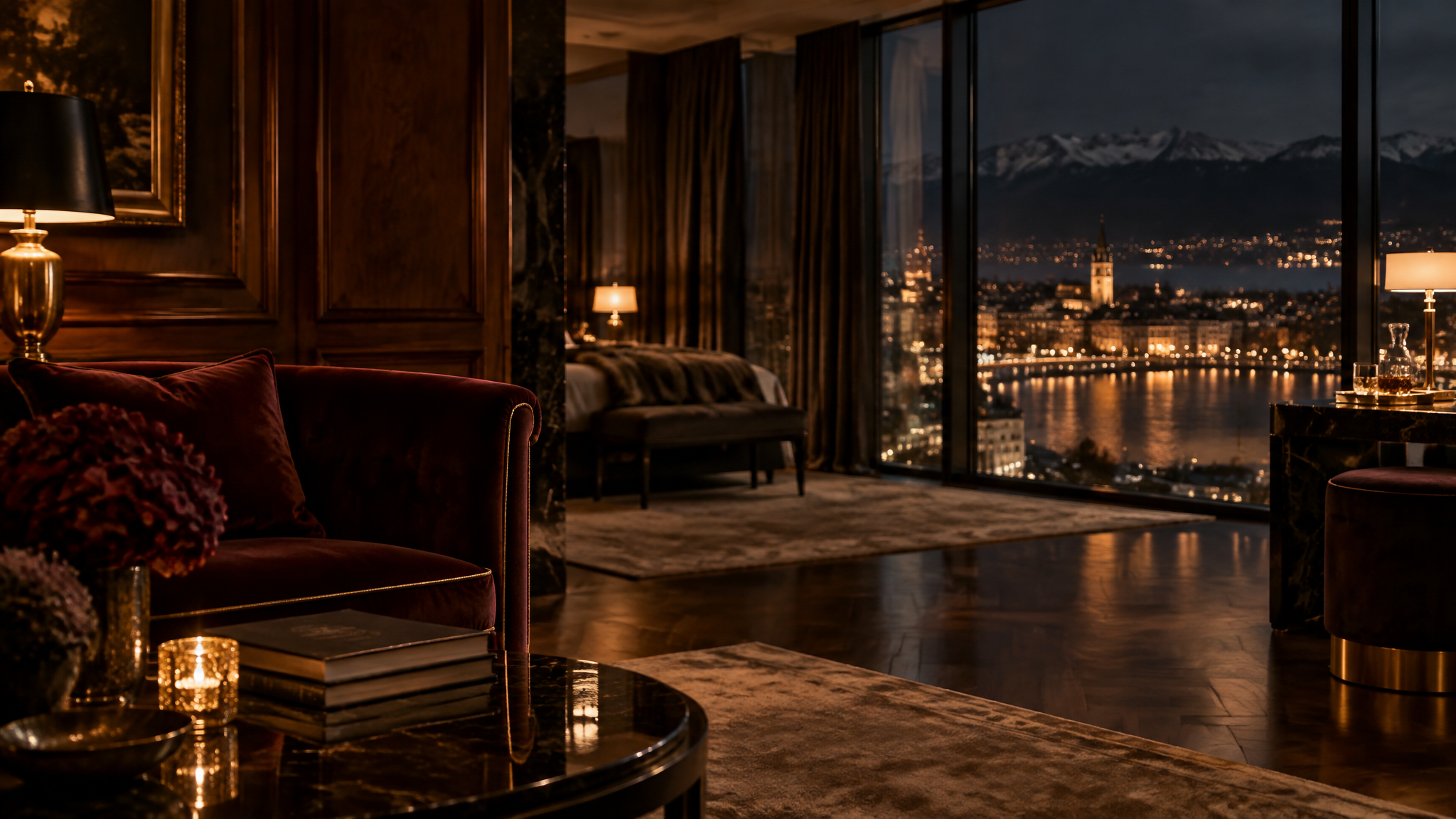 Suite d'hôtel de luxe et intérieur privé feutré pour illustrer les rencontres incall et outcall en Suisse